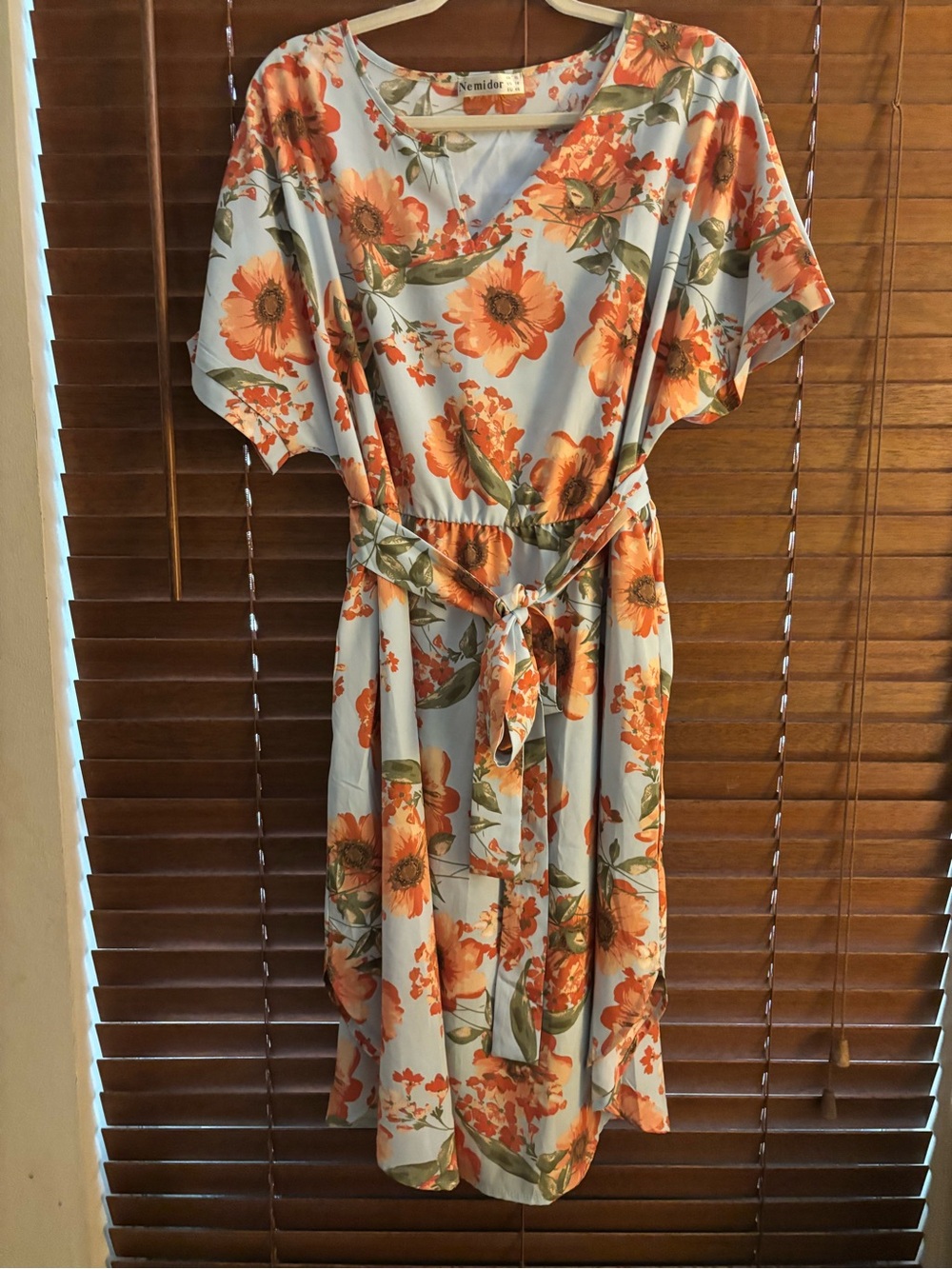 Nemidor Floral Tie-Waist Midi Dress in Light Blue and Orange